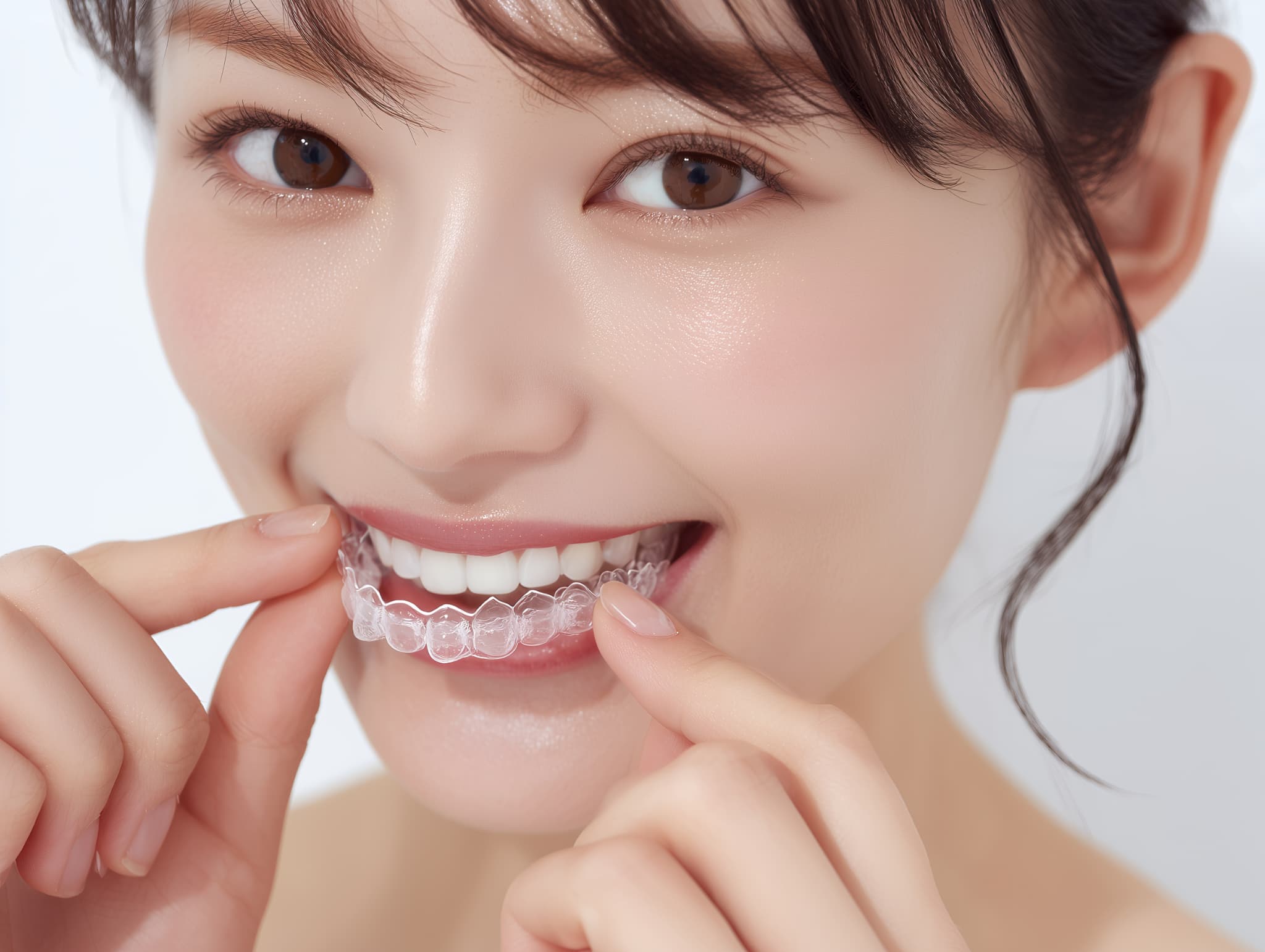 インビザラインで歯の矯正を行う女性