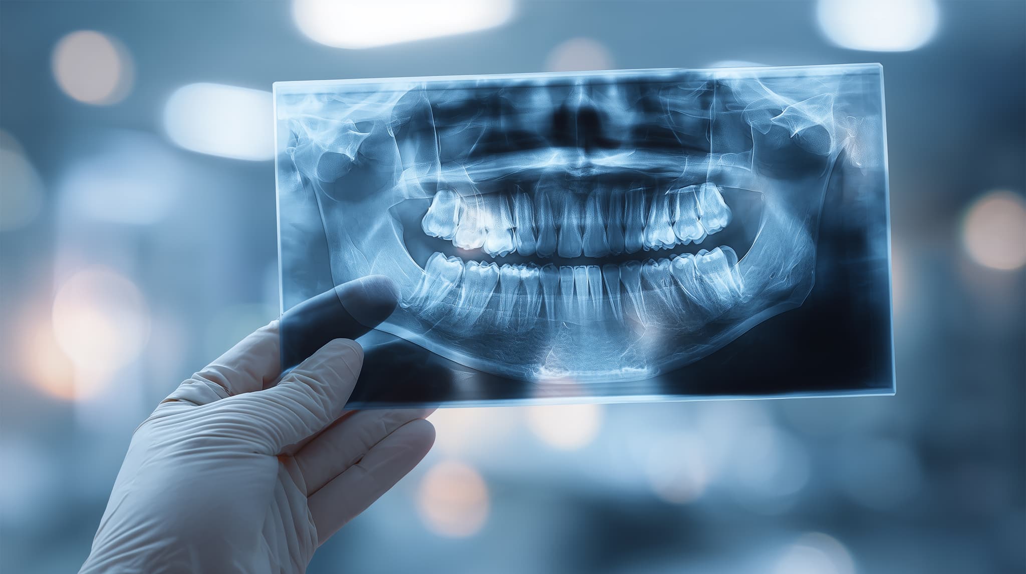 レントゲンで歯の様子を確認する歯科医師の手元