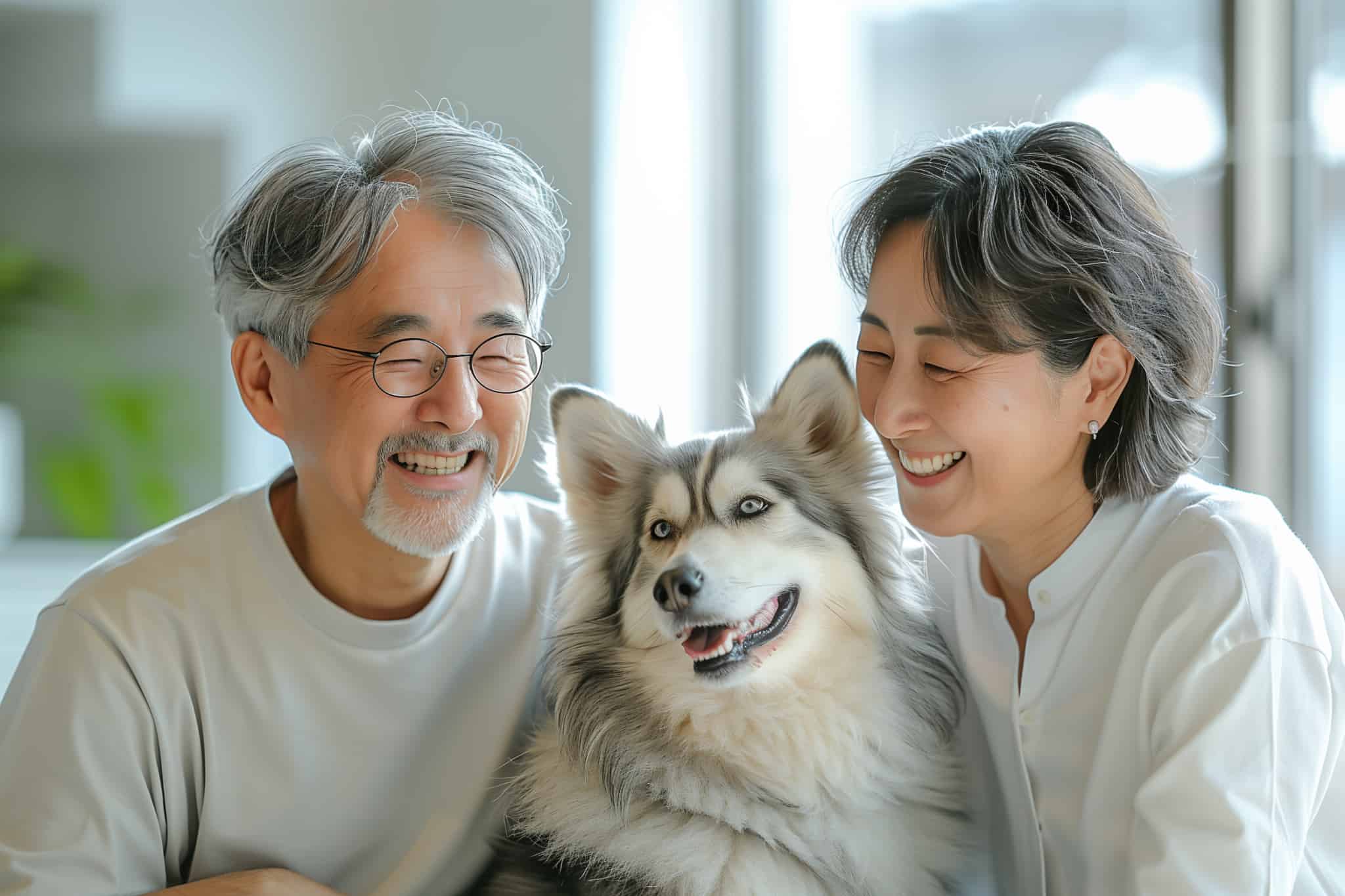 愛犬と笑顔のシニア夫婦